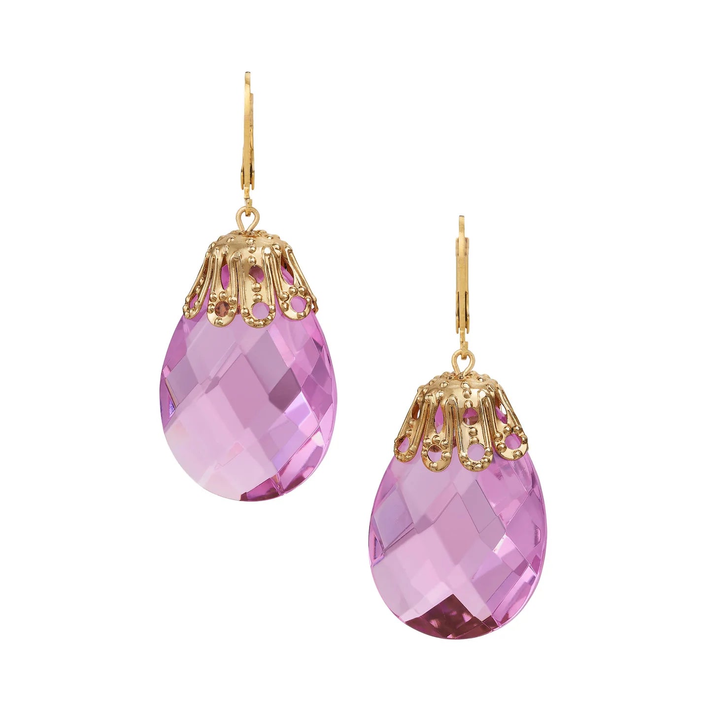 A pair of gold drop earrings featuring faceted pink teardrop-shaped crystals and ornate gold filigree caps, shown against a plain white background.