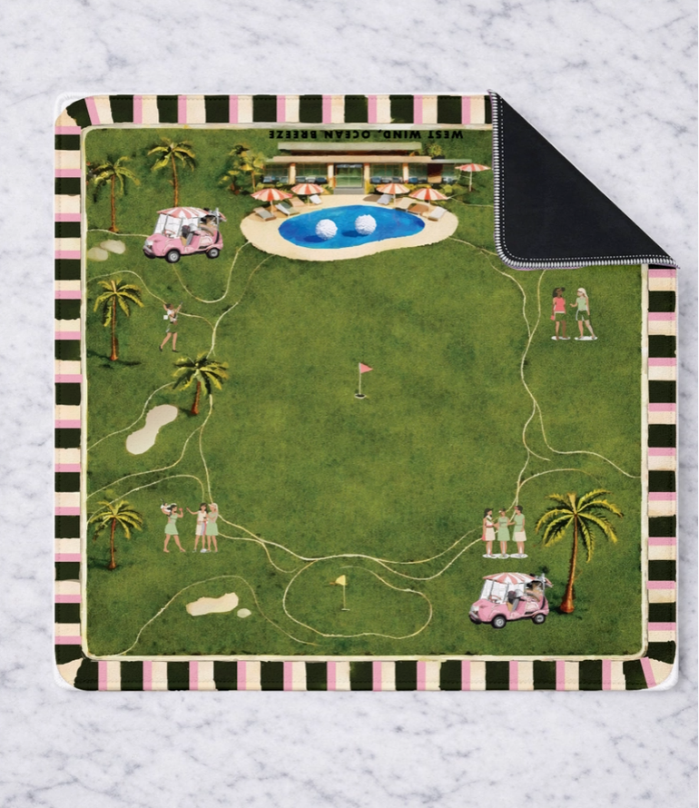 On the Green 33 x 33 golf Mahjong mat with country club course design, pink golf carts and non-slip backing