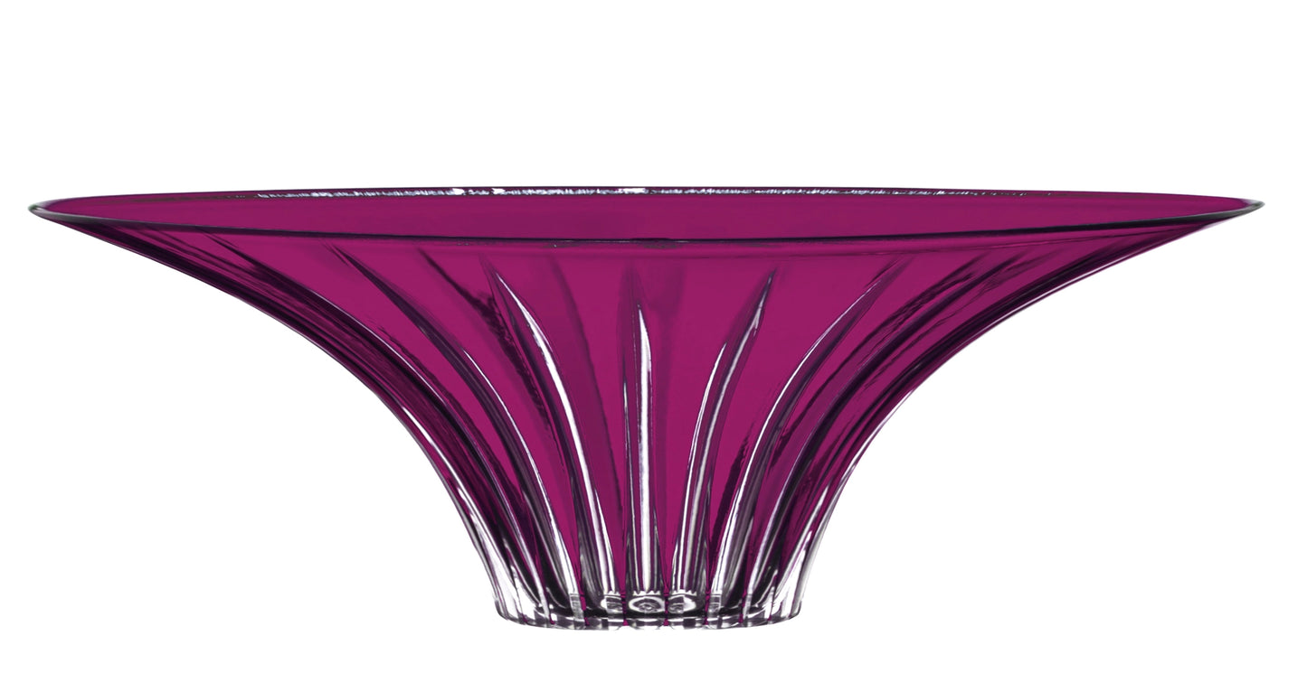 A magenta purple glass bowl with a flared rim and vertical ribbed texture, shown against a plain white background.