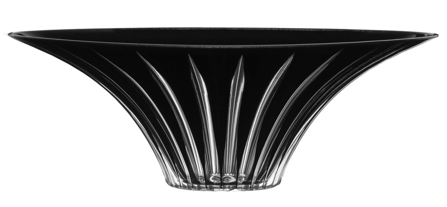 Black glass bowl with a textured design on a white background