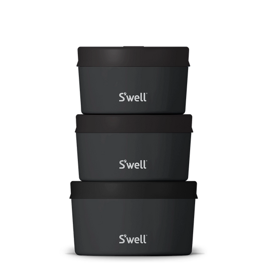 Set of three black 'S'well' containers stacked on a white background