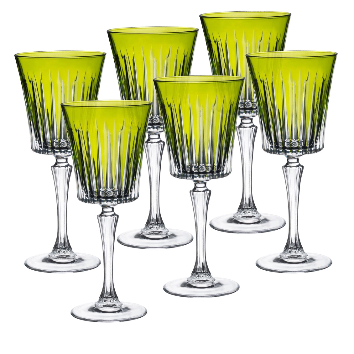 Set of six green glass goblets on a white background