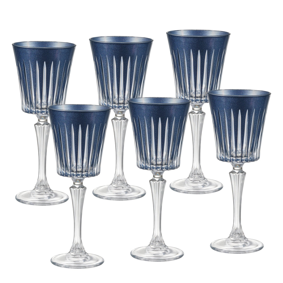 Set of six blue and clear glass goblets on a white background