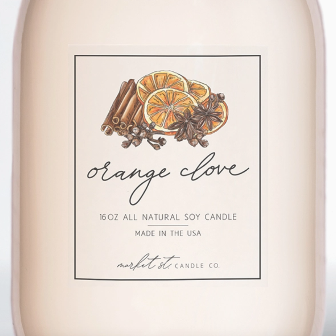 Market Street Candle Co. Orange Clove 16 oz all-natural soy candle in a reusable glass Ball jar with metal lid.