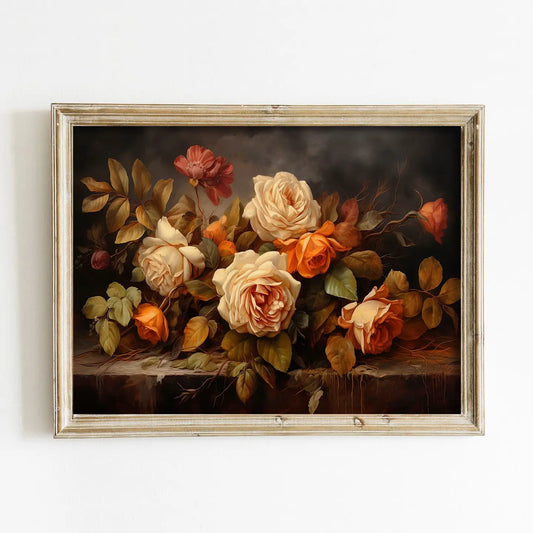 Framed painting of roses on a white wall