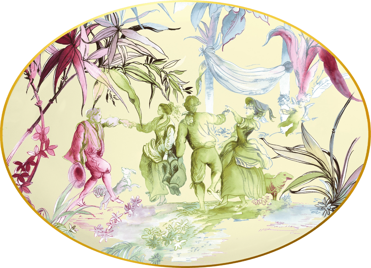 Decorative plate with artistic depiction of people and nature elements on a yellow background