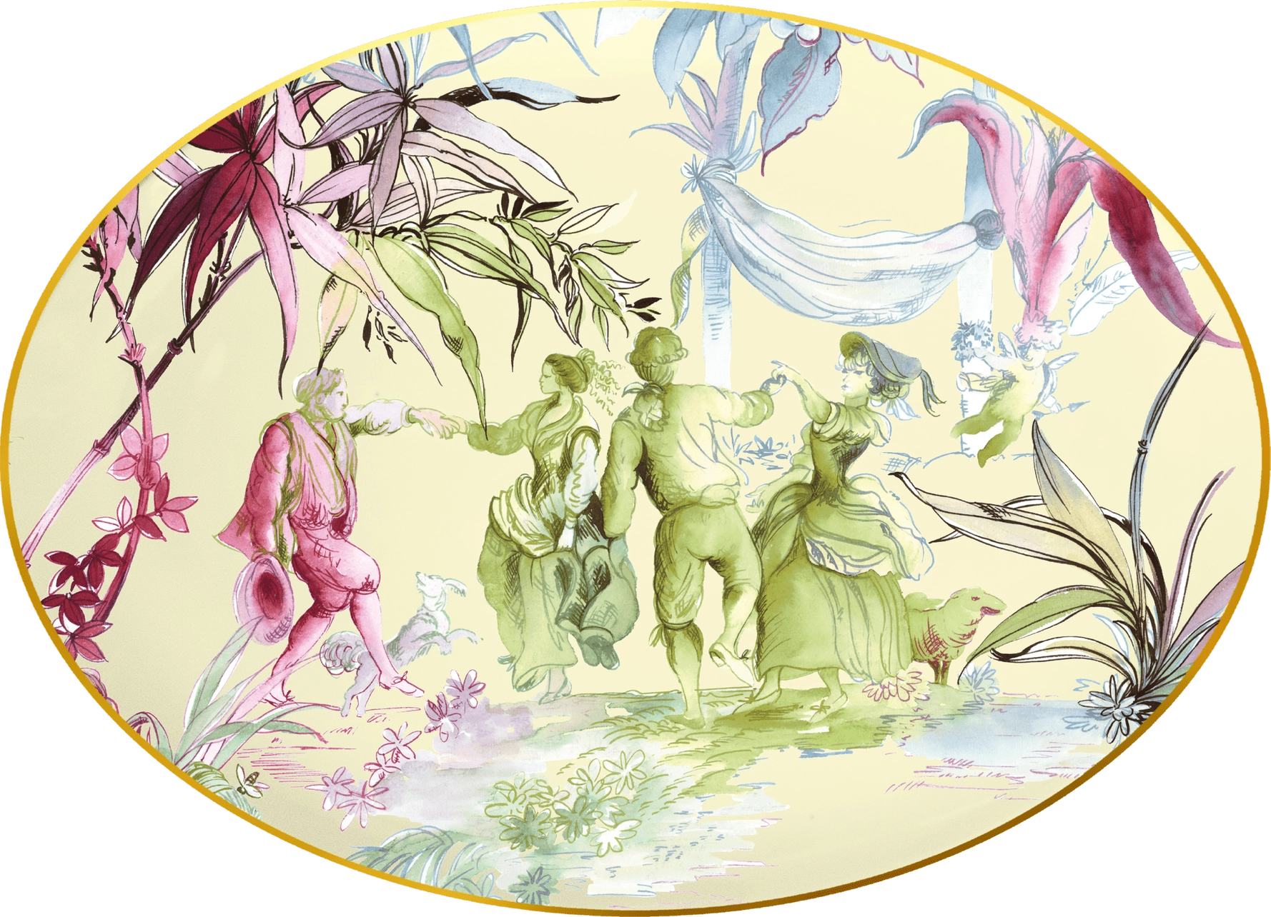 Decorative plate with artistic depiction of people and nature elements on a yellow background