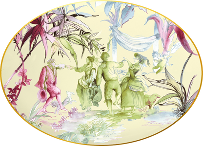 Decorative plate with artistic depiction of people and nature elements on a yellow background