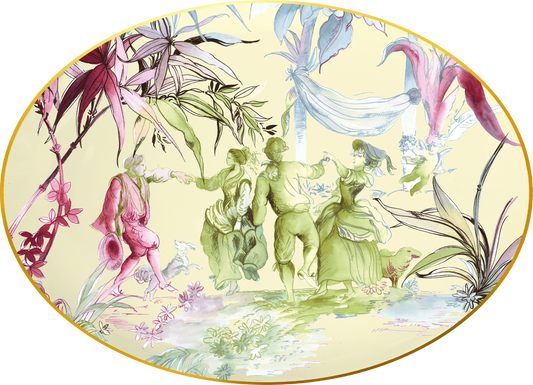 Decorative plate with artistic depiction of people and nature elements on a yellow background