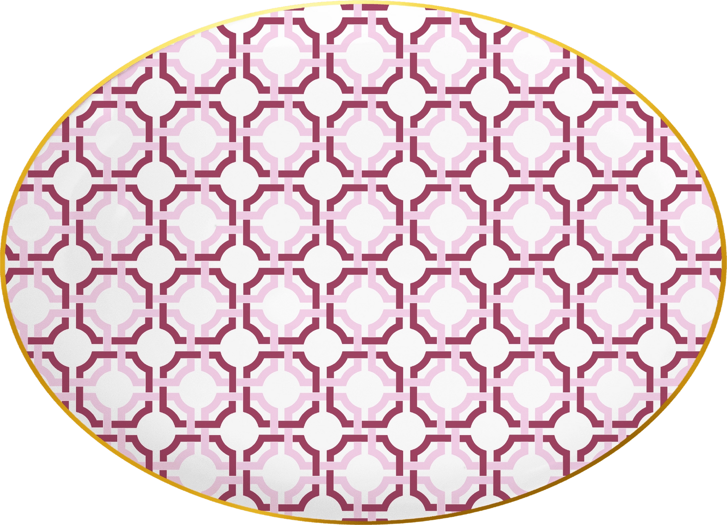 Oval-shaped mat with pink and white geometric pattern on a white background