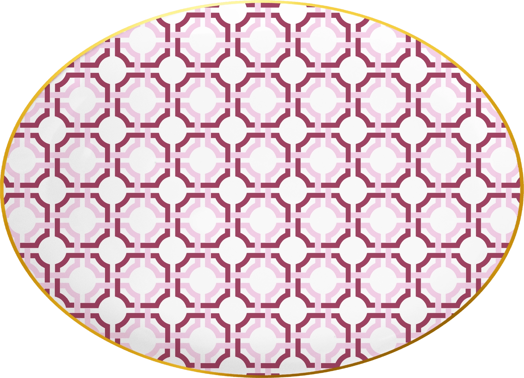 Oval-shaped mat with pink and white geometric pattern on a white background