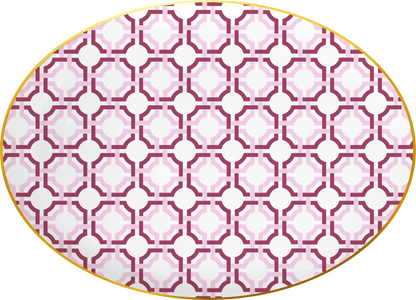 Oval-shaped mat with pink and white geometric pattern on a white background