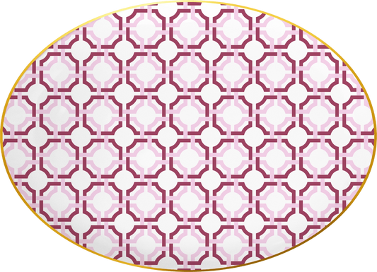 Oval-shaped mat with pink and white geometric pattern on a white background