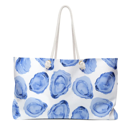 Tote bag with blue Oyster pattern on a white background