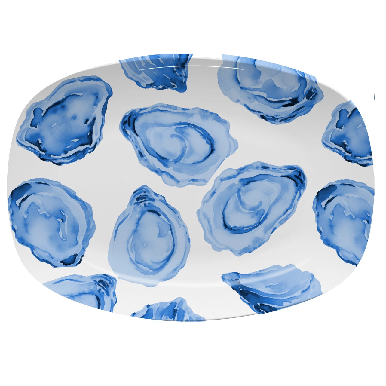 Oval platter with blue oyster shell pattern on a white background