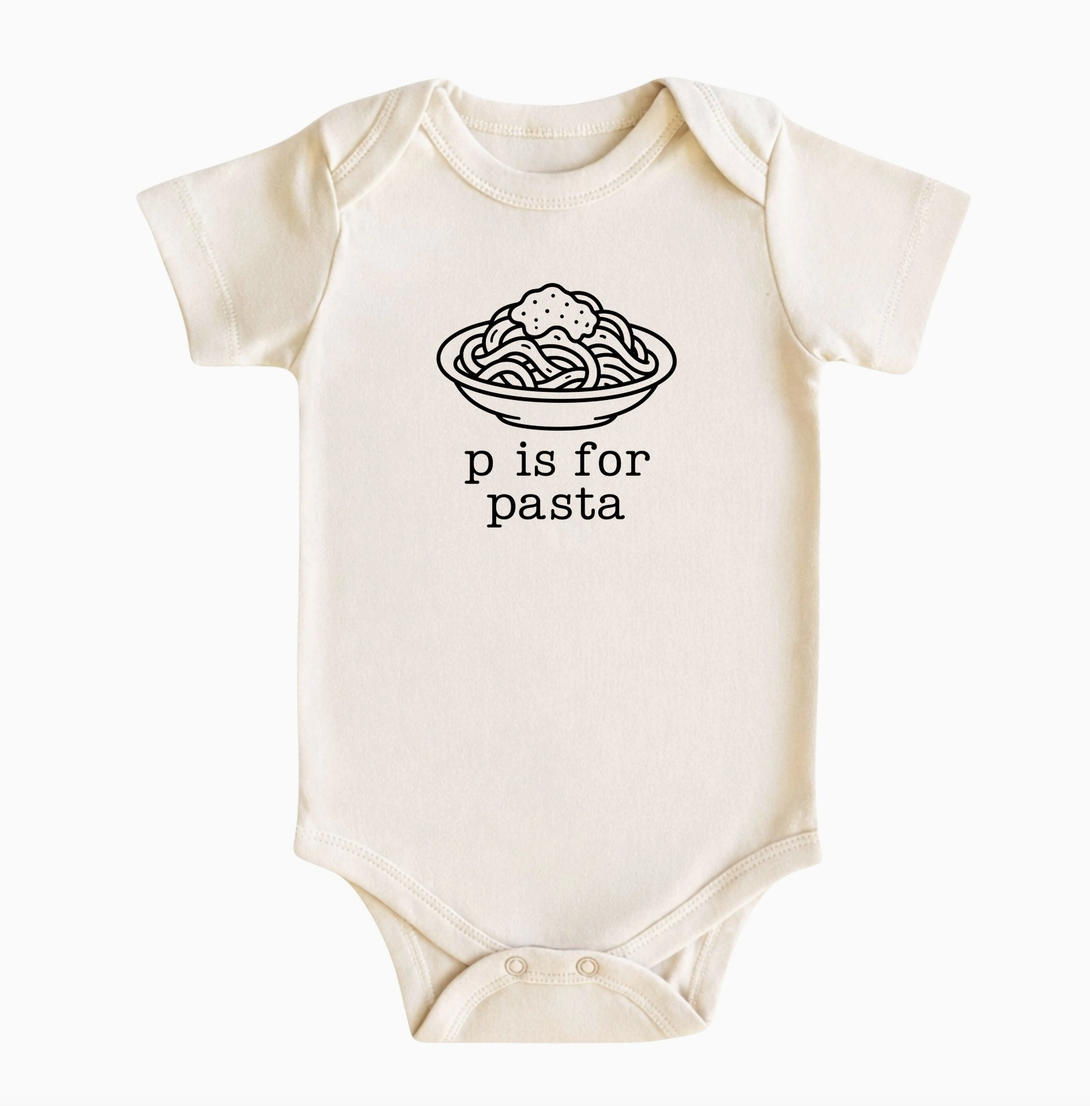 Ivory short-sleeve baby bodysuit with P Is For Pasta spaghetti and meatball graphic, adorable Italian-American baby outfit.