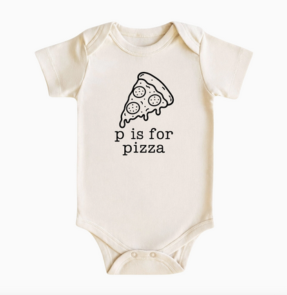 Ivory short-sleeve baby bodysuit with P Is For Pizza pepperoni pizza graphic, cute Italian-American baby outfit with envelope neckline and bottom snaps.