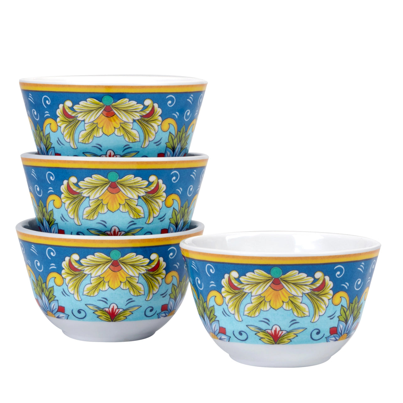Set of four decorative bowls with floral patterns on a blue background