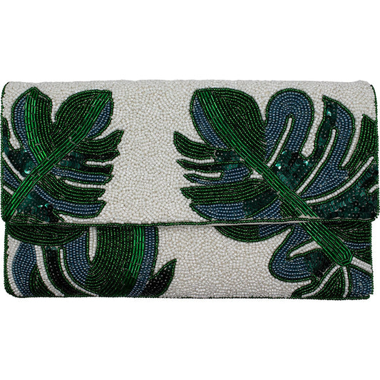 Clutch bag with green leaf pattern on a white background