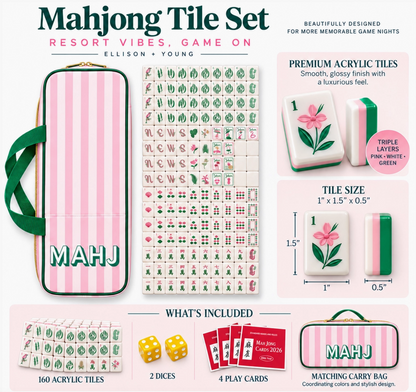 Ellison + Young Palm Resort Mahjong Tile Set product details showing tile dimensions, 160 tiles, dice, cards and striped carry bag