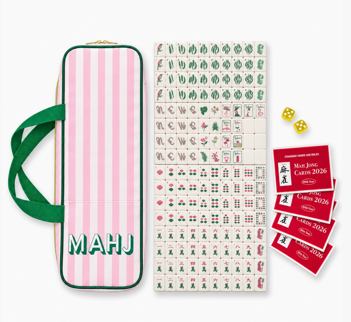 Ellison + Young Palm Resort Mahjong set with 160 pink green and ivory tiles, striped MAHJ carry bag, dice and 2026 Mah Jong cards