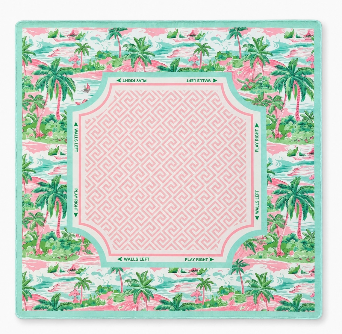 Palm Resort 31-inch Mahjong playing mat with pink geometric center and tropical pink green and aqua palm tree border