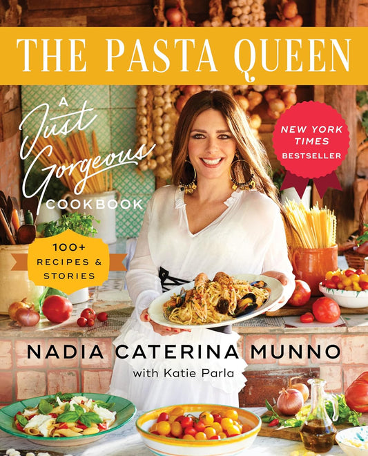 Cookbook cover featuring a woman holding a plate of pasta with a yellow banner and text.