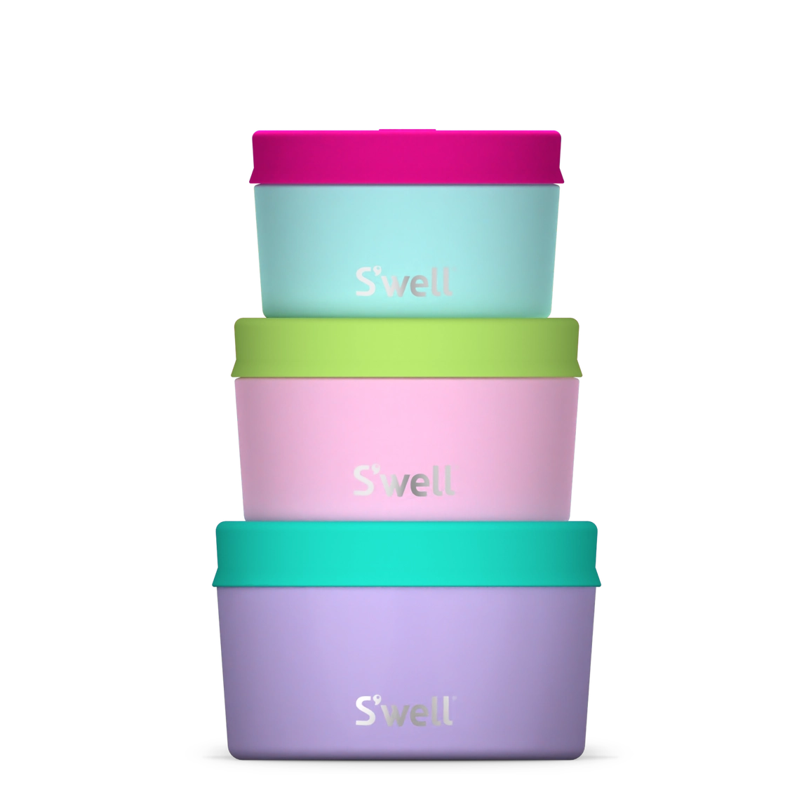 Set of three S'well water bottles in purple, pink, and green on a white background