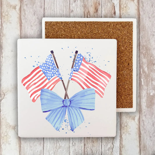 Patriotic Watercolor Flag Bow Set of 4 Stone Coaster