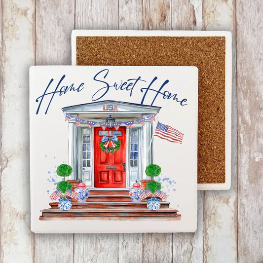 Patriotic Red Door Home Sweet Home Set of 4 Stone Coaster