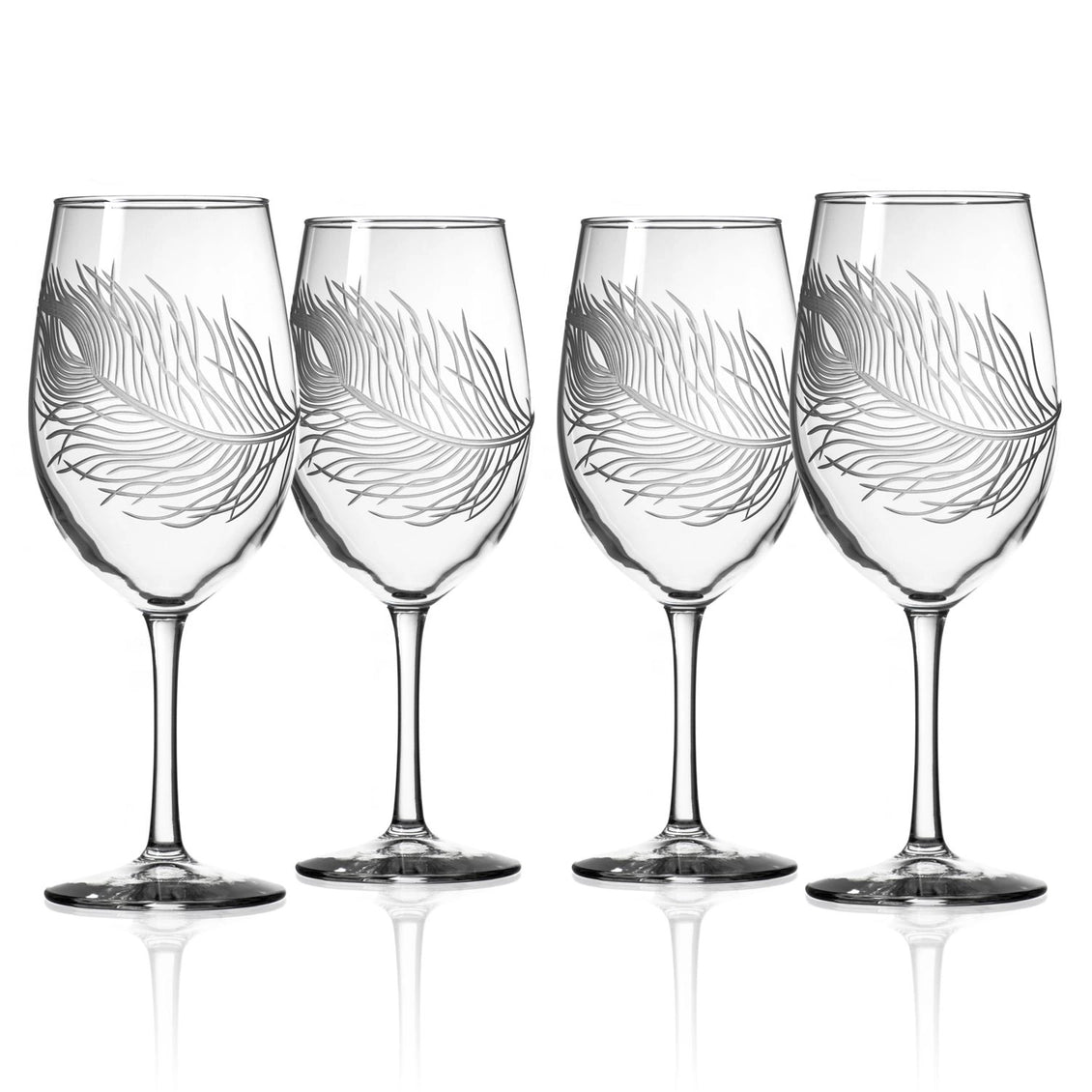Four wine glasses with feather design on a white background