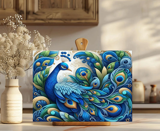 Colorful peacock design on a wooden box with a neutral background