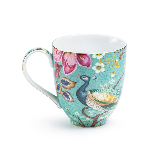 Decorative mug with peacock and floral design on a white background