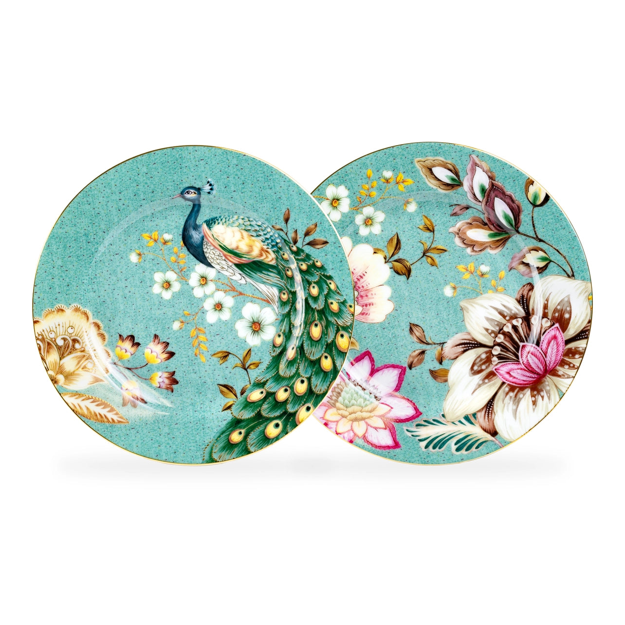 Two decorative plates with peacock and floral designs on a white background