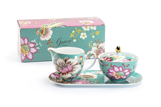 Floral teacup set with matching box on a white background
