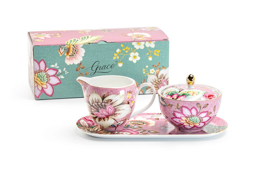 Floral teacup set with matching box on a white background