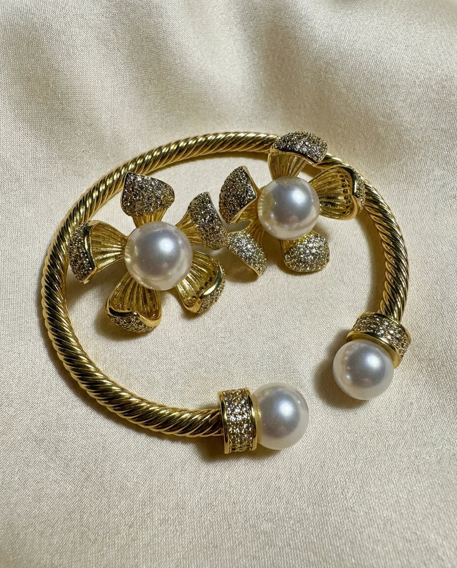 Pearl Flower Jewelry Set: Gold Hoop Earrings and Open Bracelet