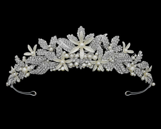 Alessia- Pearl Hued Flower and Clear Stone Tiara - NY Gift Boutique