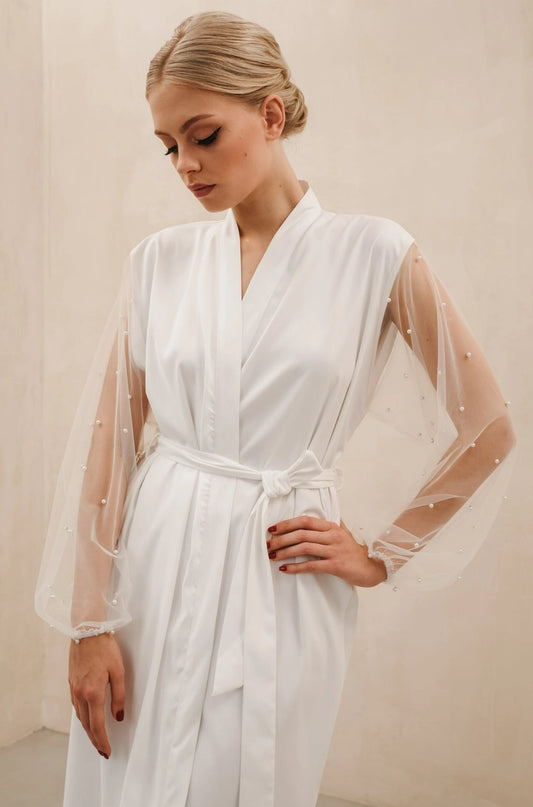 Pearl Sleeve Satin Silk Bridal Robe