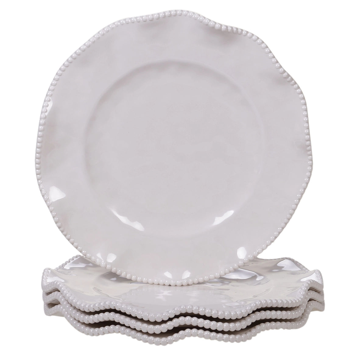 Set of white ceramic plates with decorative rims on a white background