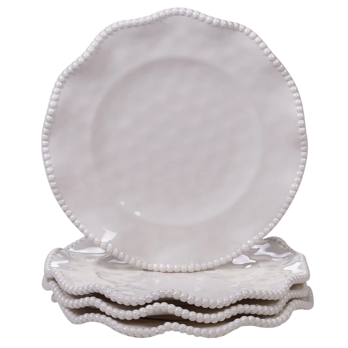 Set of white ceramic plates with decorative rims on a white background