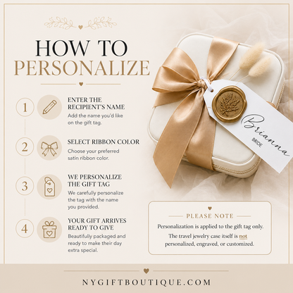 Gift packaging with a gold ribbon and personalized tag, featuring instructions on how to personalize the gift.