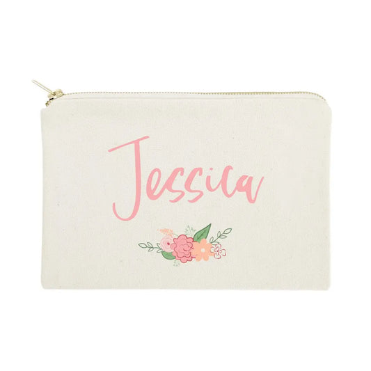 White pouch with 'Jessica' in pink and floral designs on a white background