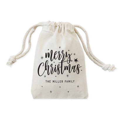 Natural drawstring bag with 'Merry Christmas' and 'The Miller Family' text on a white background
