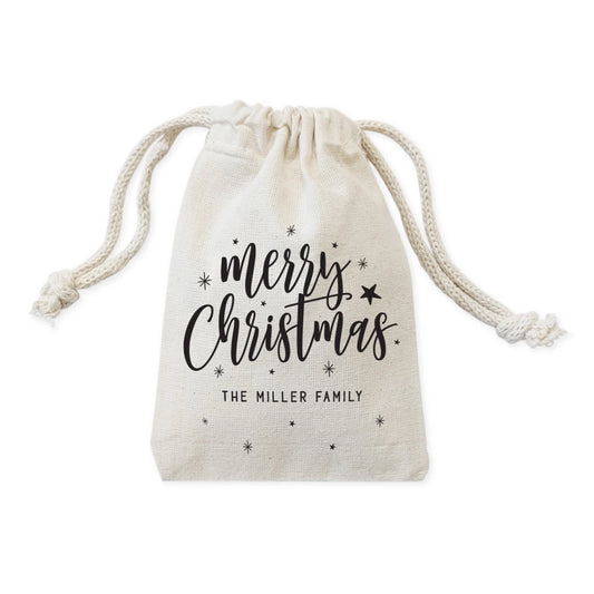 Natural drawstring bag with 'Merry Christmas' and 'The Miller Family' text on a white background