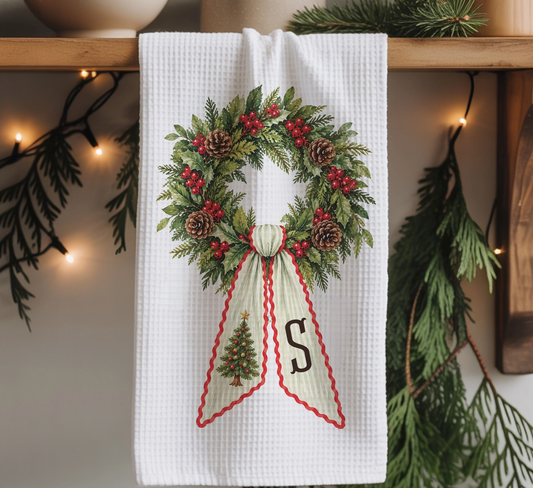Personalized monogram Christmas kitchen towel featuring an evergreen wreath with red berries, pinecones, striped bow, Christmas tree and custom initial.