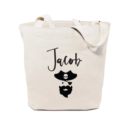 Beige tote bag with black graphic of a bearded skull and the name 'Jacob' on a white background
