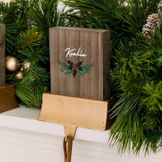 Personalized Stocking Holder with Weighted Base - Holly Berries