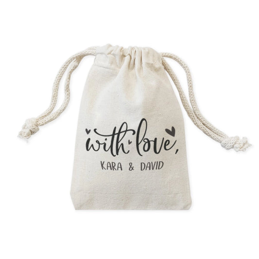 Beige drawstring bag with 'with love, KARA & DAVID' text on a white background