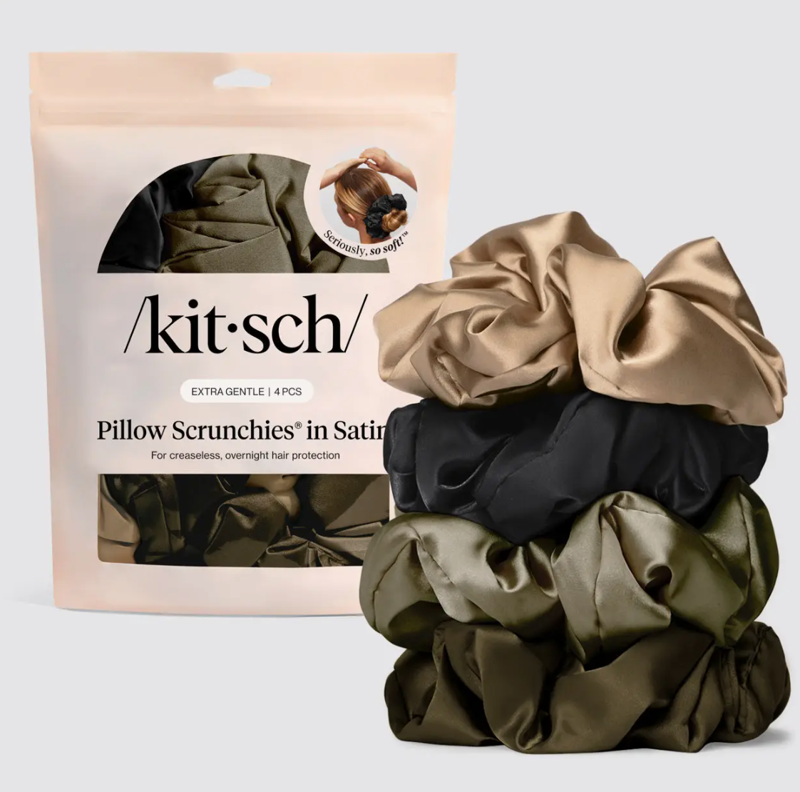 Kitsch pillow scrunchies in satin packaging on a light gray background